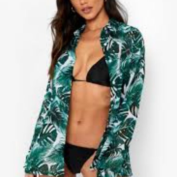 Boohoo Palm Print Plunge Chiffon Beach Set - Picture 3 of 3